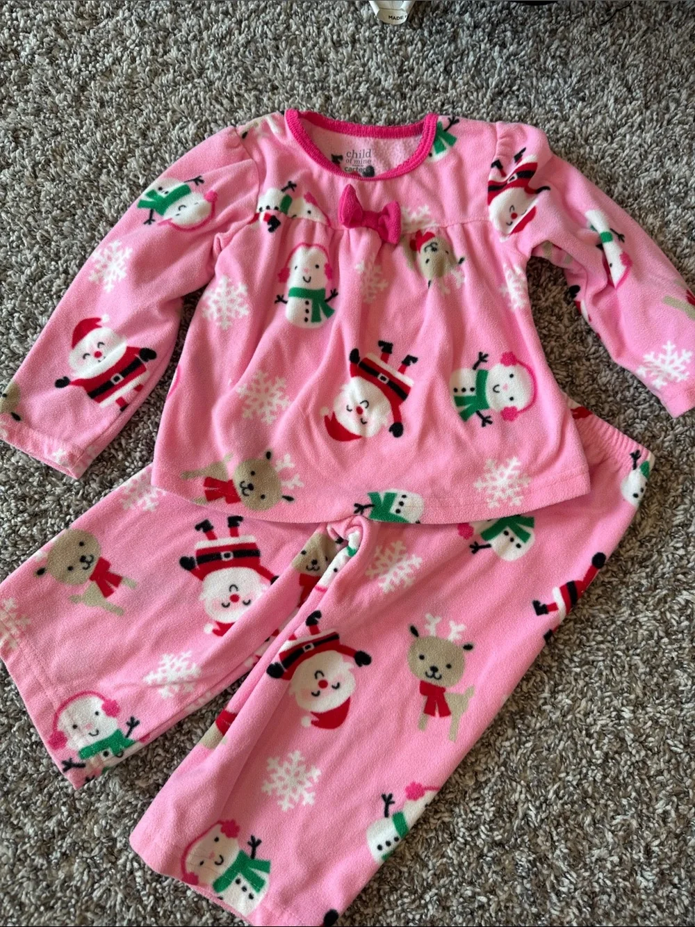 Pink Holiday Fleece Kids Pajama Set with Festive Snowman & Reindeer